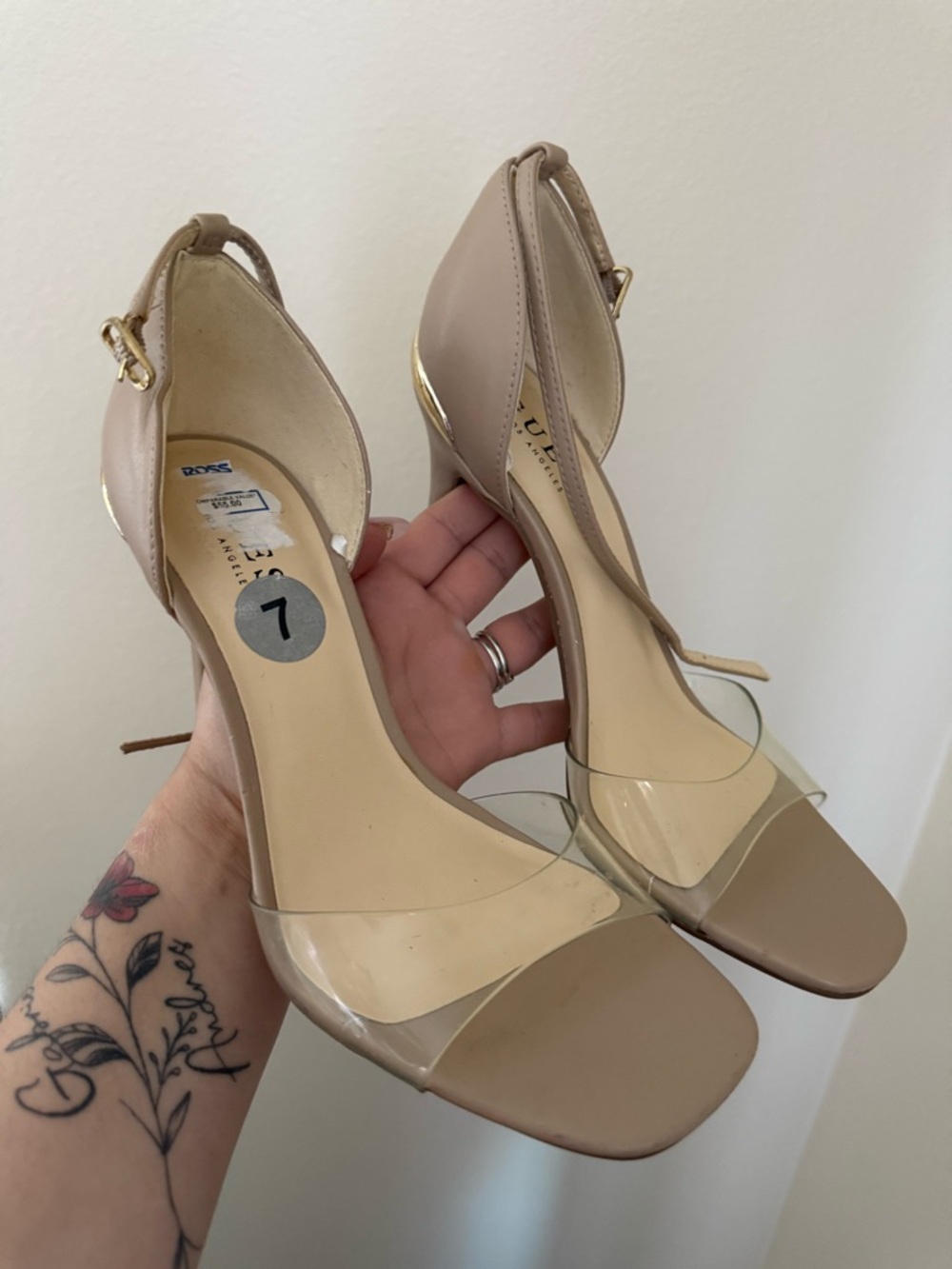 Classic Nude Ankle-Strap Heels with Clear Toe Strap